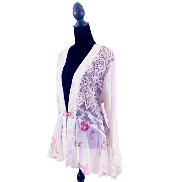 Women’s Silk Boho Lace Kimono Romantic Rose Tunic Spencer Alexis Vintage Elegant - Picture 1 of 16